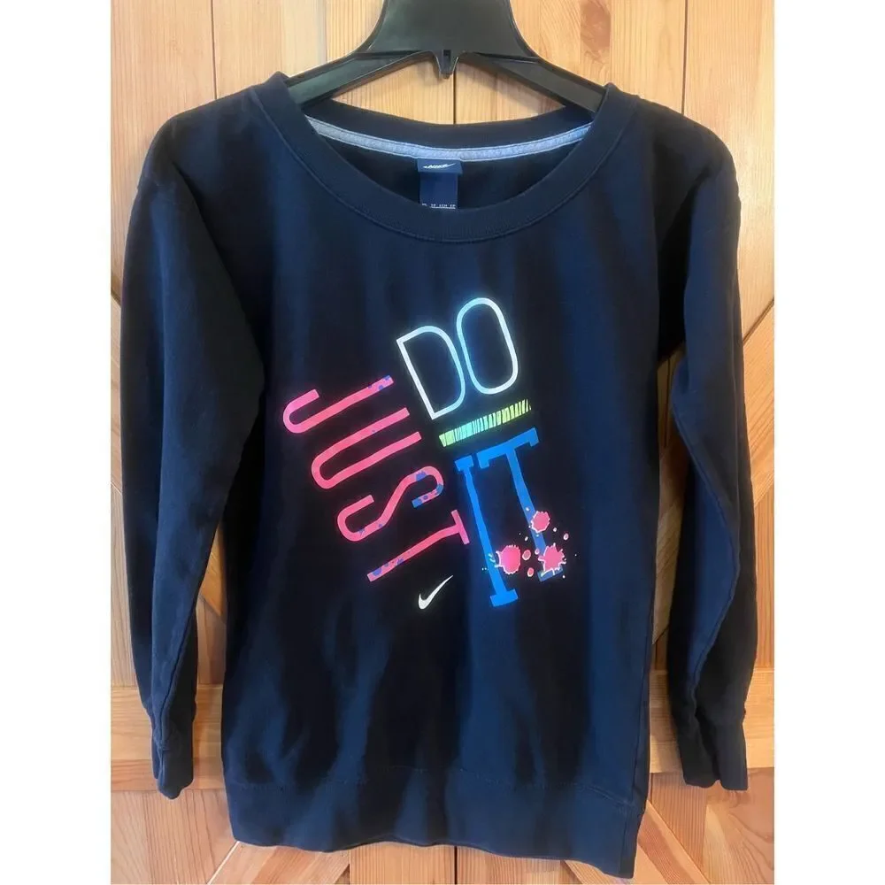 NIKE JUST DO IT Sweatshirt VINTAGE Women’s XS Black Day Glow Logo RARE (1154)